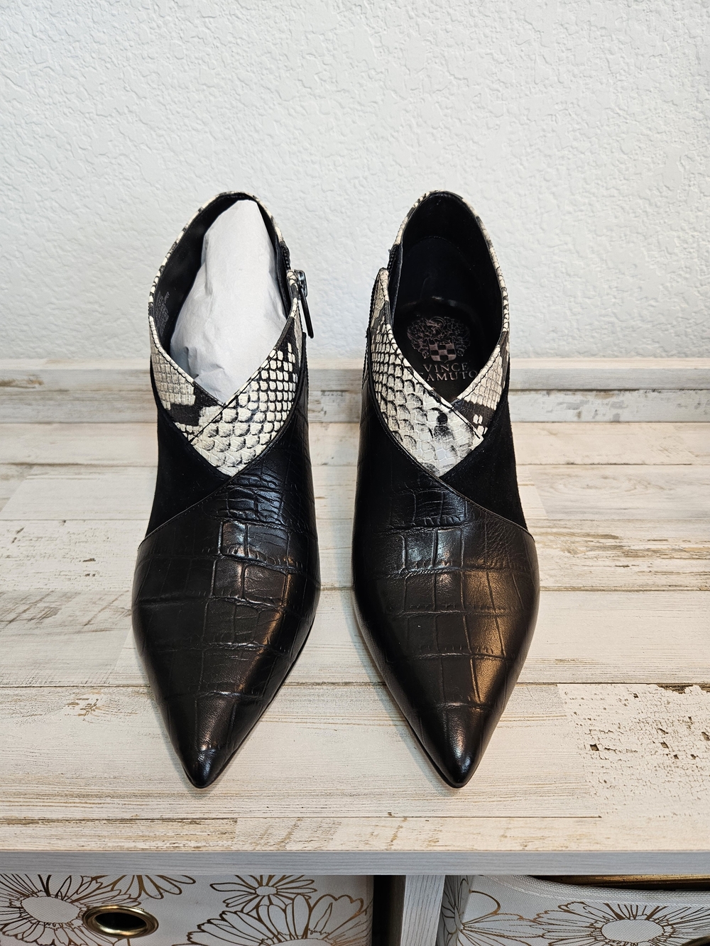 Vince Camuto Black Pointed Toe Ankle Booties with Snake-Print Accent